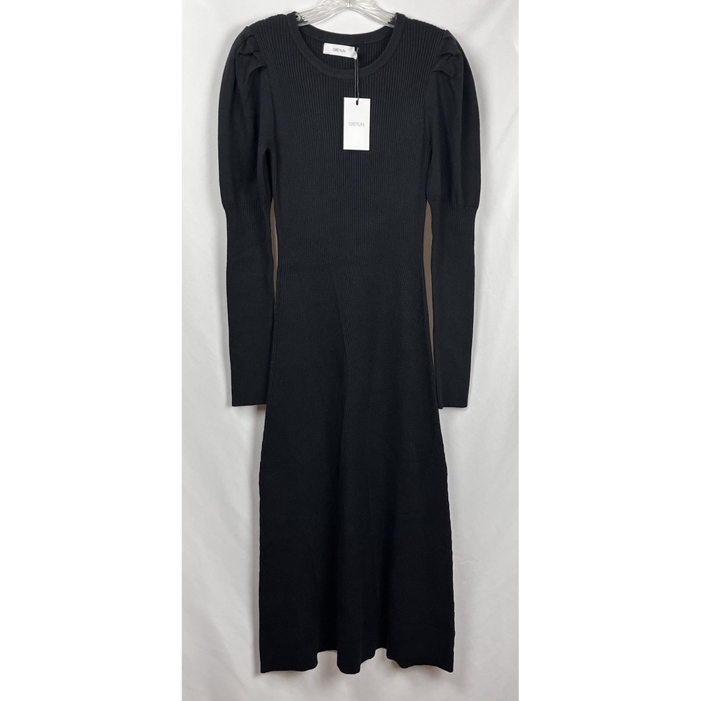 NWT Greylin Black Honor Knit Midi Dress M Puff Slv Anthropologie Dark Academia